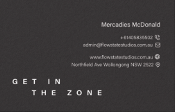 Back of the business card: Mercadies McDonald's contact details and the line Get in the zone