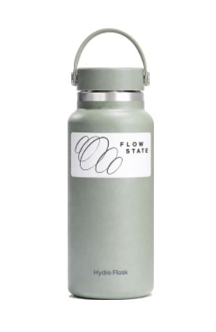 Sage drink bottle with a Flowstate Studios logo sticker