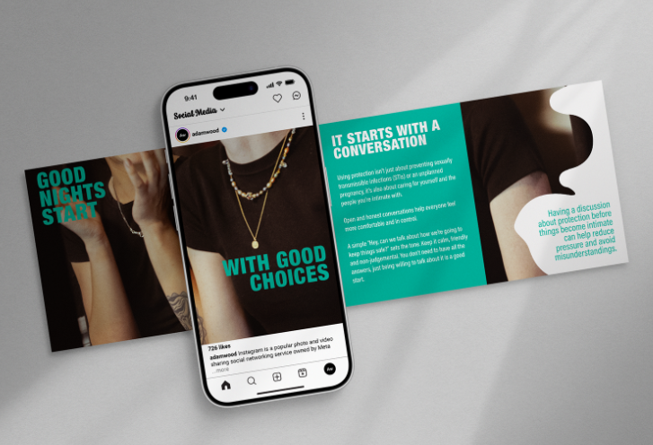 Caddyshack Project sexual health campaign shown as social media posts on a phone